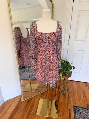 The East Order Peaches Mini Dress Medium Floral Long Sleeve Square Neck NWT